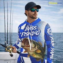 Load image into Gallery viewer, Blue Camo Largemouth Bass Long Sleeve Hooded Fishing Shirts, Bass Fishing Shirts For Men NBT442