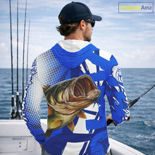 Load image into Gallery viewer, Blue Camo Largemouth Bass Long Sleeve Hooded Fishing Shirts, Bass Fishing Shirts For Men NBT442