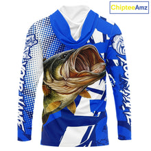 Load image into Gallery viewer, Blue Camo Largemouth Bass Long Sleeve Hooded Fishing Shirts, Bass Fishing Shirts For Men NBT442