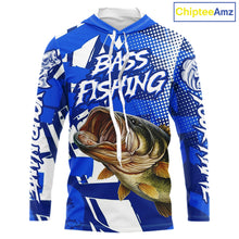 Load image into Gallery viewer, Blue Camo Largemouth Bass Long Sleeve Hooded Fishing Shirts, Bass Fishing Shirts For Men NBT442