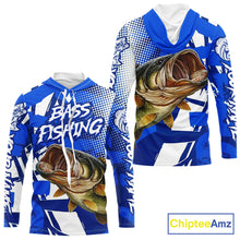 Load image into Gallery viewer, Blue Camo Largemouth Bass Long Sleeve Hooded Fishing Shirts, Bass Fishing Shirts For Men NBT442