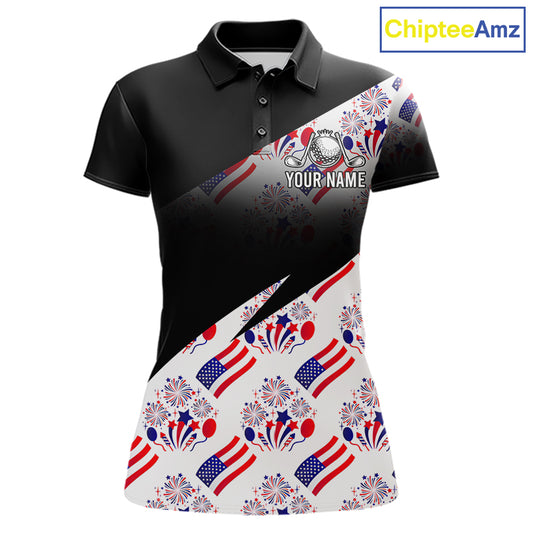 Front view of America 250th Anniversary womens golf polo shirt with patriotic USA flag design