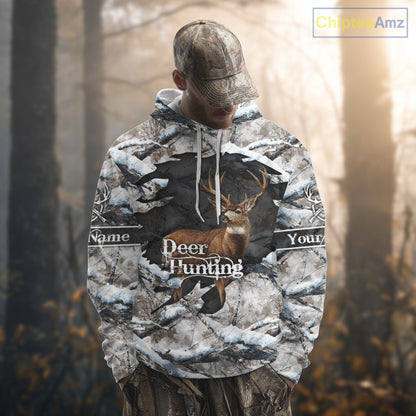 Whitetail Deer Hunting Shirts Custom Name Snow Camo, Deer Season Hunting Clothes For Men NBT273
