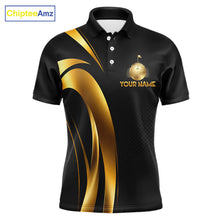 Load image into Gallery viewer, Front view of Black and Gold mens golf polo shirt with custom golf clubs design