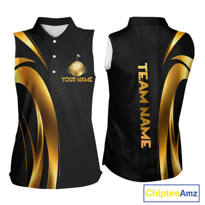 Front view of Black and Gold womens sleeveless golf polo shirt with custom golf clubs design
