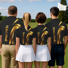 Load image into Gallery viewer, Four people wearing matching black shirts with gold designs and 'Team Name' on the back