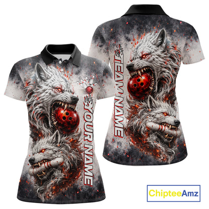Front and back view of custom black and gray wolf bowling polo shirt for women