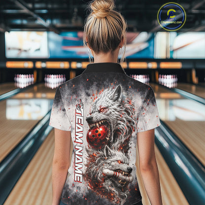 Back view of custom black and gray wolf bowling quarter zip bowling jersey for women