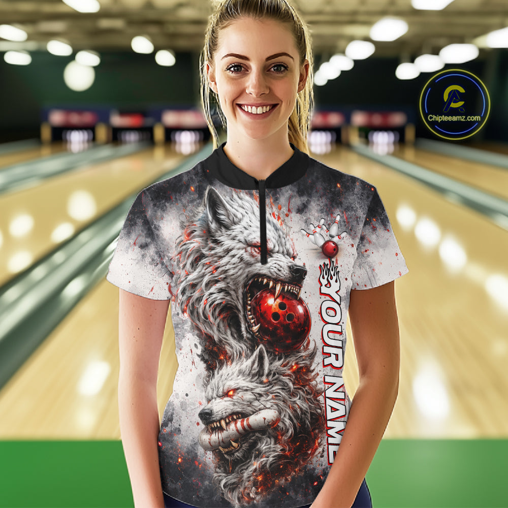 Front view of custom black and gray wolf bowling quarter zip bowling jersey for women