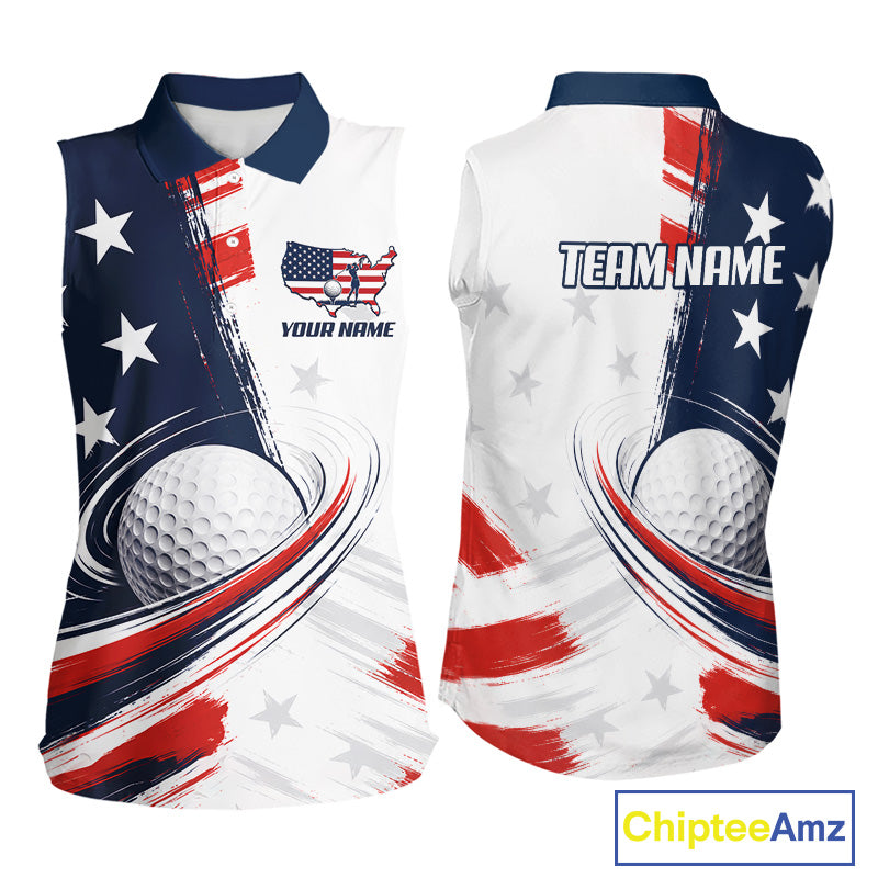 Personalized white sleeveless golf polo shirt for women with American Flag 4th July design - front and back view