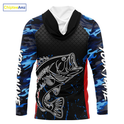 Bass Fishing Hooded Long Sleeve Shirts Blue Camouflage Fish Scale Tournament Bass Fishing Shirts NBT363