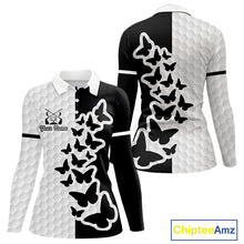 Load image into Gallery viewer, Black And White Butterfly Womens Golf Polo Shirt Custom Name White Golf Shirts, Golf Attire NBT595