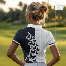 Load image into Gallery viewer, Black And White Butterfly Womens Golf Polo Shirt Custom Name White Golf Shirts, Golf Attire NBT595