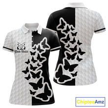 Load image into Gallery viewer, Black And White Butterfly Womens Golf Polo Shirt Custom Name White Golf Shirts, Golf Attire NBT595