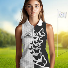 Load image into Gallery viewer, Black And White Butterfly Womens Sleeveless Golf Polo Shirt Custom Name White Golf Shirts, Golf Attire NBT595