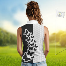 Load image into Gallery viewer, Black And White Butterfly Womens Sleeveless Golf Polo Shirt Custom Name White Golf Shirts, Golf Attire NBT595