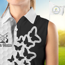 Load image into Gallery viewer, Black And White Butterfly Womens Sleeveless Golf Polo Shirt Custom Name White Golf Shirts, Golf Attire NBT595