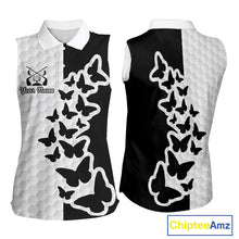 Load image into Gallery viewer, Black And White Butterfly Womens Sleeveless Golf Polo Shirt Custom Name White Golf Shirts, Golf Attire NBT595