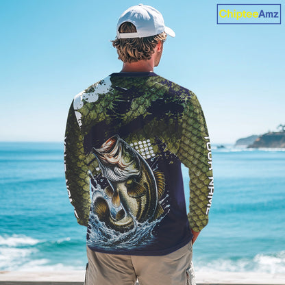 Custom Bass Fishing Green Bass Scales Fishing Shirts For Men, Bass Fishing Shirts NBT470