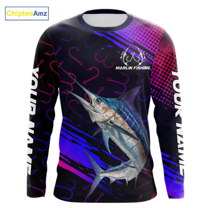 Custom Marlin Fishing Shirts Fish Hooks Long Sleeve Performance Shirt, Marlin Fishing Jersey NBT475