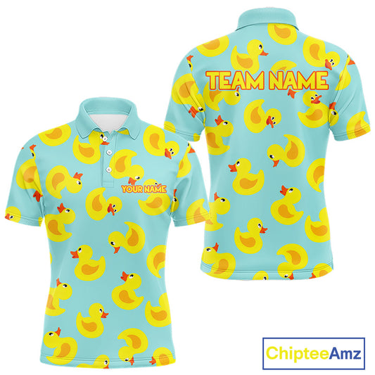 Funny Rubber Duck Golf Shirt front and back view - cute yellow rubber duck print design, breathable polyester fabric, short sleeve Polo shirt, tailored fit, white collar, custom golf team shirt