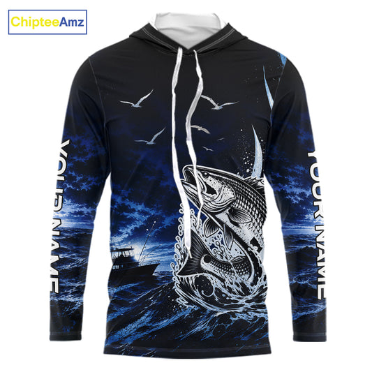 Front view of personalized Redfish Red Drum blue long sleeve hooded performance fishing shirt, offshore tournament style