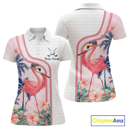 Funny Womens Golf Polo Shirts Custom Pink And White Tropical Flamingo Patter,White Golf Shirt NBT479