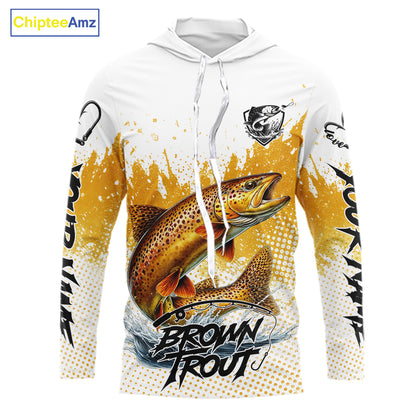 Custom Brown Trout Long Sleeve Hooded Fishing Shirts Yellow Camo Fishing Lures, Custom Fishing Jerseys NBT377