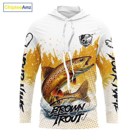 Custom Brown Trout Long Sleeve Hooded Fishing Shirts Yellow Camo Fishing Lures, Custom Fishing Jerseys NBT377