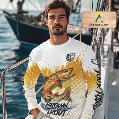 Custom Brown Trout Long Sleeve Fishing Shirts Yellow Camo Fishing Lures, Custom Fishing Jerseys NBT377