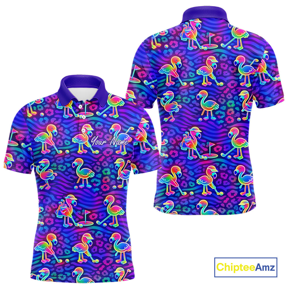 Colorful Neon Rainbow Leopard Flamingo Pattern Mens Polo Shirts, Custom Flamingo Golf Shirts NBT507