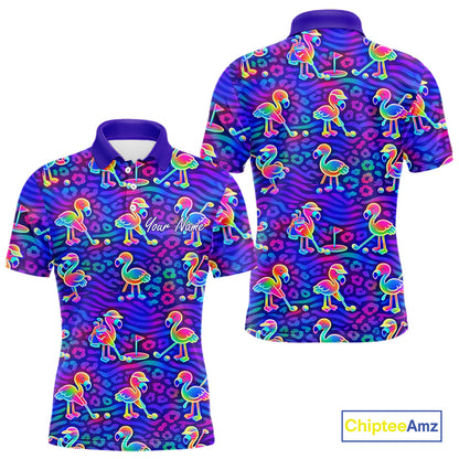 Colorful Neon Rainbow Leopard Flamingo Pattern Mens Polo Shirts, Custom Flamingo Golf Shirts NBT507