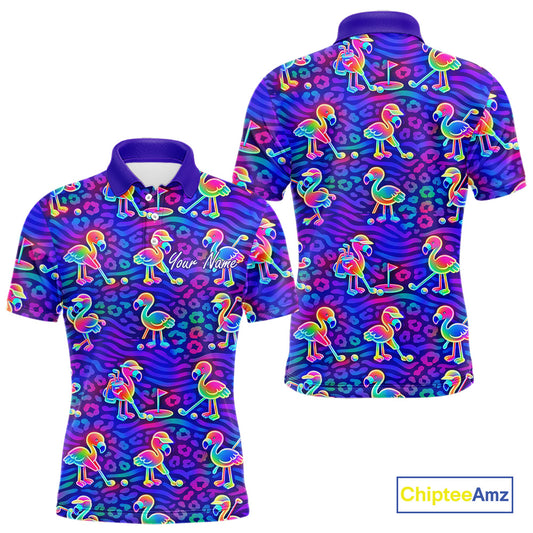 Colorful Neon Rainbow Leopard Flamingo Pattern Mens Polo Shirts, Custom Flamingo Golf Shirts NBT507