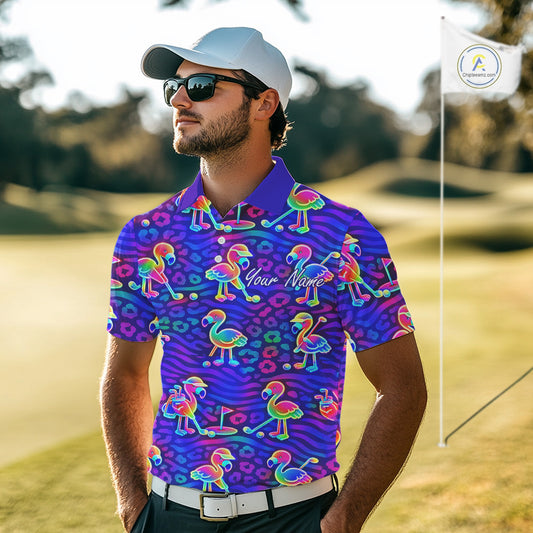 Colorful Neon Rainbow Leopard Flamingo Pattern Mens Polo Shirts, Custom Flamingo Golf Shirts NBT507