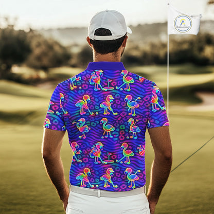 Colorful Neon Rainbow Leopard Flamingo Pattern Mens Polo Shirts, Custom Flamingo Golf Shirts NBT507