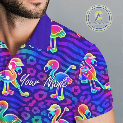 Colorful Neon Rainbow Leopard Flamingo Pattern Mens Polo Shirts, Custom Flamingo Golf Shirts NBT507