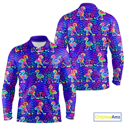 Colorful Neon Rainbow Leopard Flamingo Pattern Mens Polo Shirts, Custom Flamingo Golf Shirts NBT507