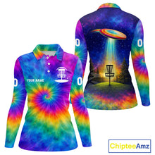Load image into Gallery viewer, Womens Disc Golf Polo Shirts with Colorful Tie Dye Background Custom Disc Golf Team Shirt, Disc Golf Gift NBT657