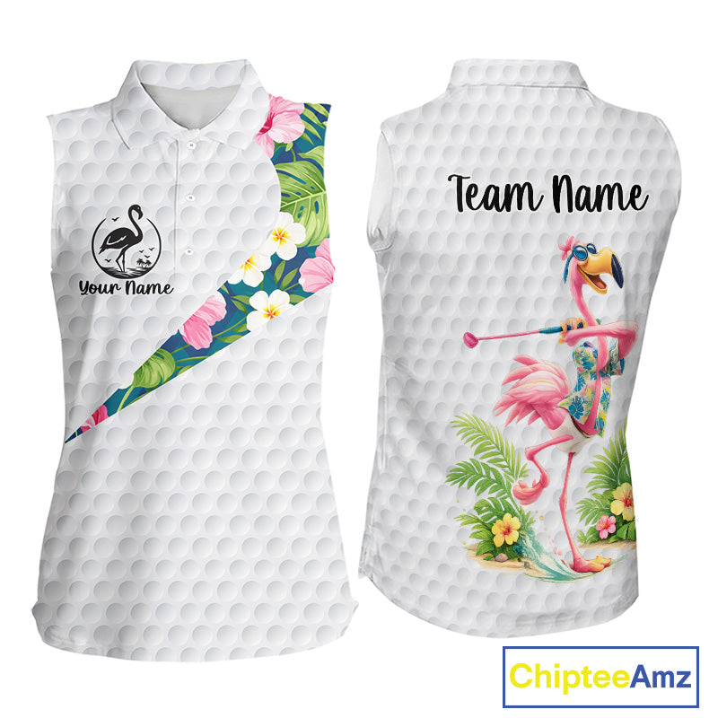Funny Womens Sleeveless Golf Polo Shirt Custom Tropical Flamingo Pattern White Golf Shirts NBT521