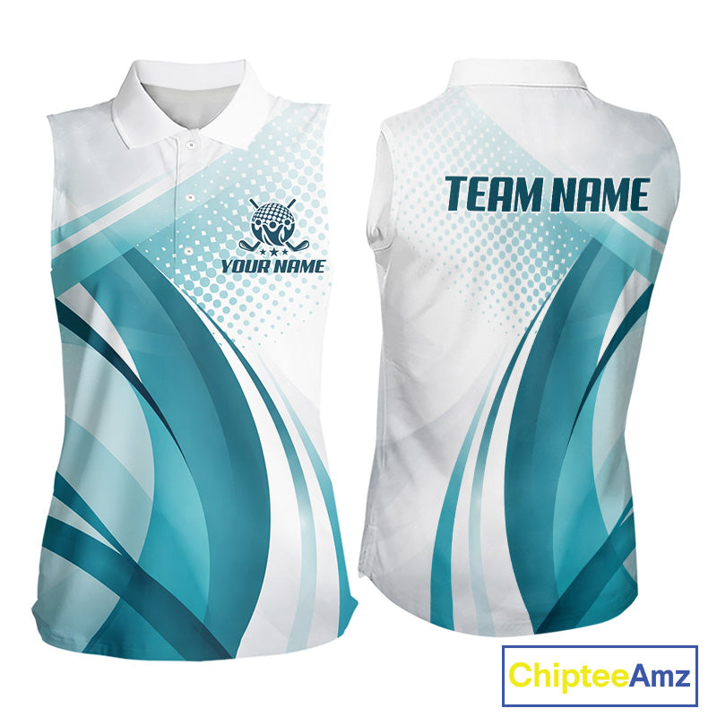 Womens Sleeveless Golf Polo Shirt Blue Pattern Custom Name And Team Name Golf Shirt, Golfing Gifts NBT528