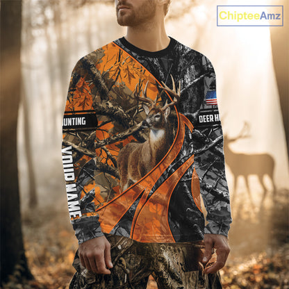 Whitetail Deer Hunting Orange and Black Camo Shirts with US Flag, Personalized Hunting Shirt NBT68