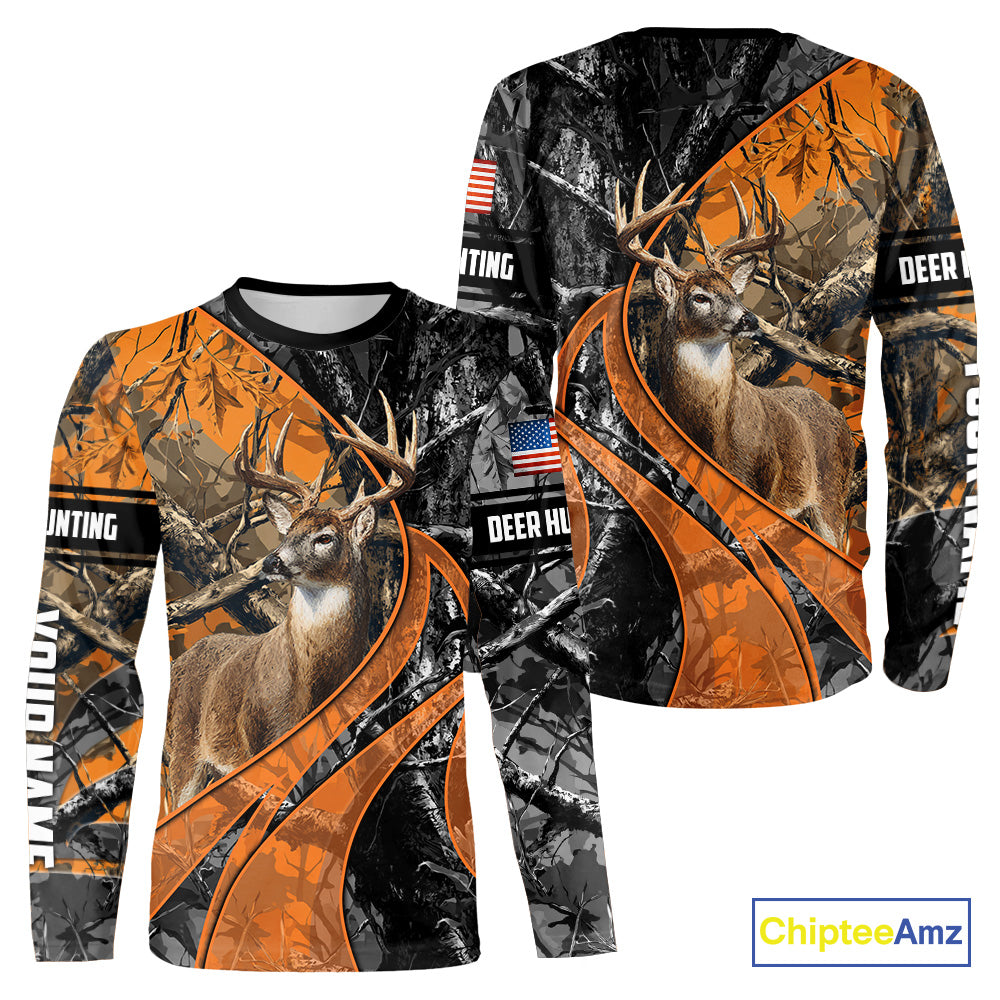 Whitetail Deer Hunting Orange and Black Camo Shirts with US Flag, Personalized Hunting Shirt NBT68