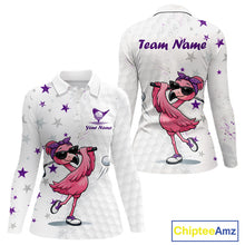 Load image into Gallery viewer, White polo shirt with pink flamingo design and 'Team Name' text