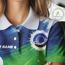 Load image into Gallery viewer, Womens Golf Polo Shirts Custom Name Blue And Green Golf Shirt, Tournament Golf Tops For Ladies NBT546