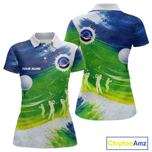 Load image into Gallery viewer, Womens Golf Polo Shirts Custom Name Blue And Green Golf Shirt, Tournament Golf Tops For Ladies NBT546