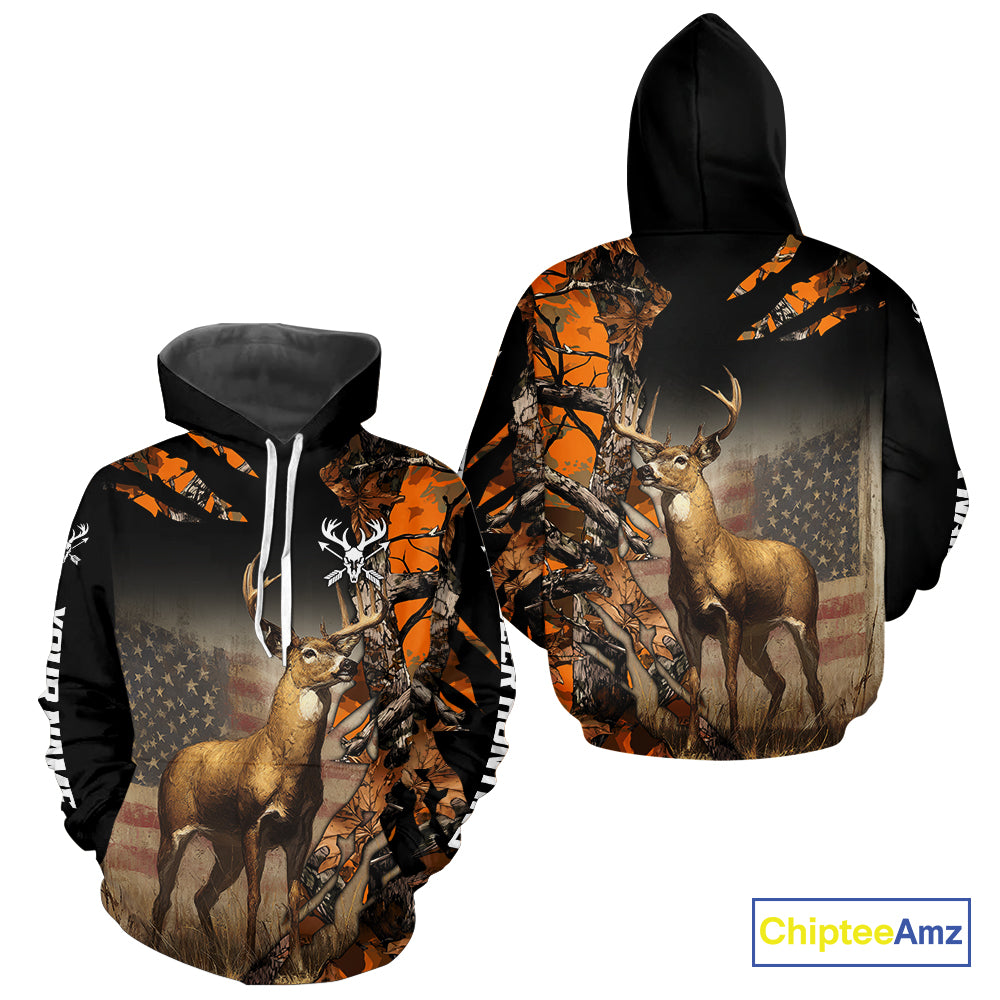 Deer Hunting Shirt Orange Forest Camo US Flag Custom Name Hoodie, Long Sleeve For Men NBT256