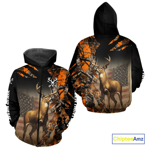 Deer Hunting Shirt Orange Forest Camo US Flag Custom Name Hoodie, Long Sleeve For Men NBT256