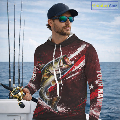 American Flag Fishing Shirt, Bass Long Sleeve Hooded Fishing Shirts, Bass Fishing Tournament Shirts|Red NBT434