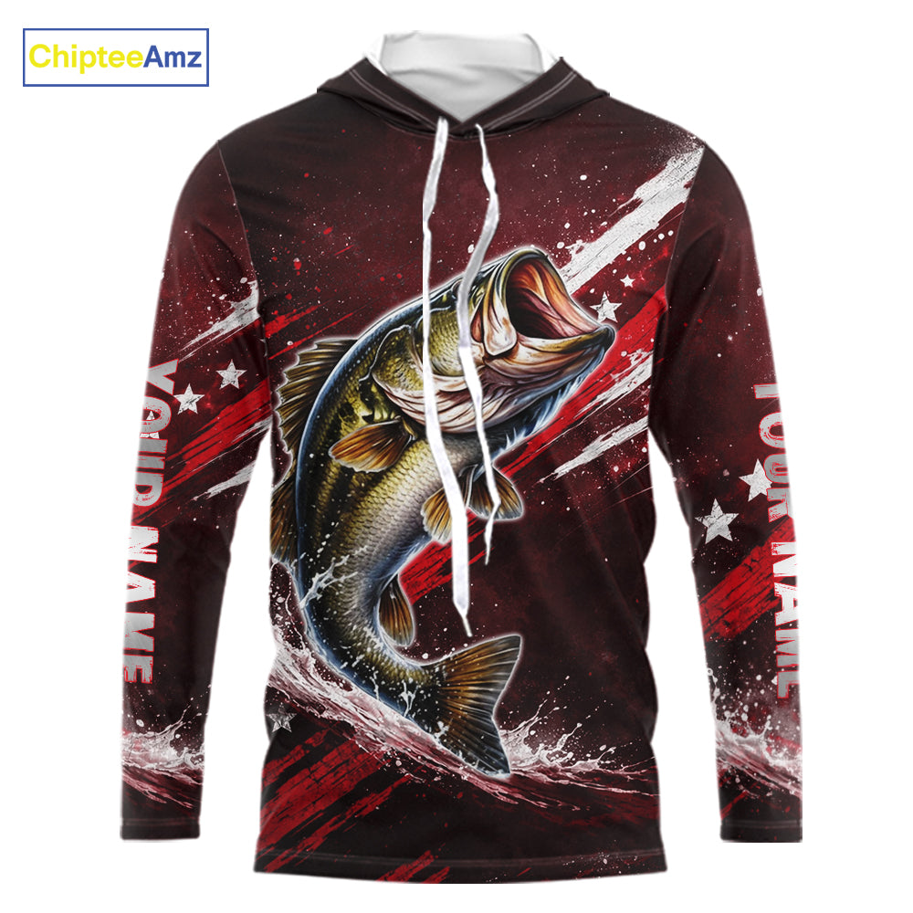 American Flag Fishing Shirt, Bass Long Sleeve Hooded Fishing Shirts, Bass Fishing Tournament Shirts|Red NBT434