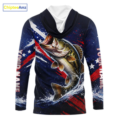 American Flag Fishing Shirt, Bass Long Sleeve Hooded Fishing Shirts, Bass Fishing Tournament Shirts|Blue NBT433
